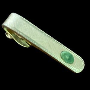 Vintage Shields Tie Bar Clip Genuine Jade Green Stone Small Goldtone Signed